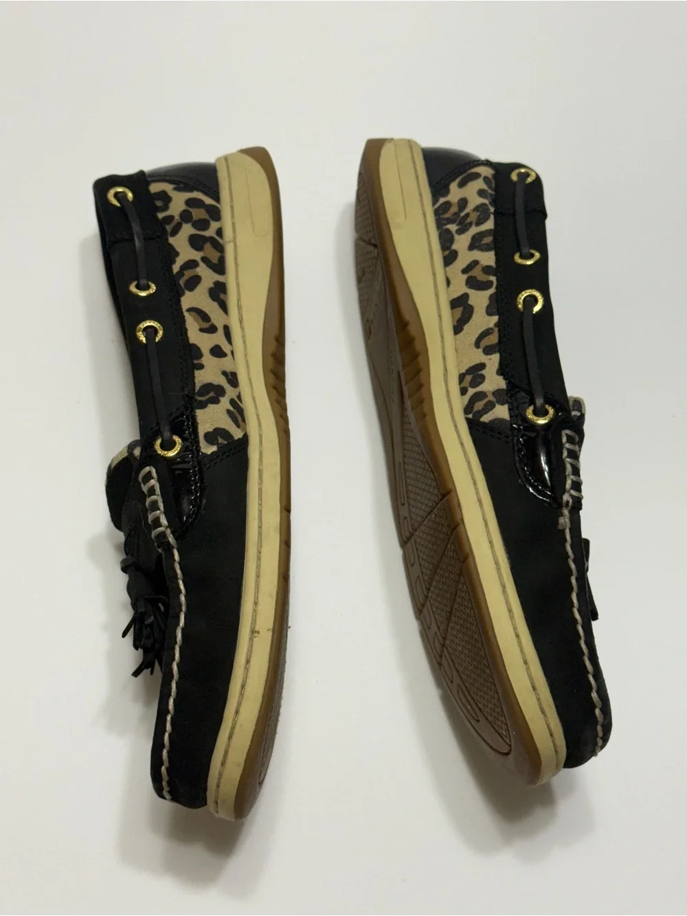 Sperry Top-Sider Women’s Black Tassel Loafers with Leopard Trim Sz 9M